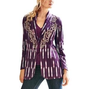 Soft Surroundings Topkapi Beaded Jacket Purple Aztec Ikat Print Shawl Collar, XS